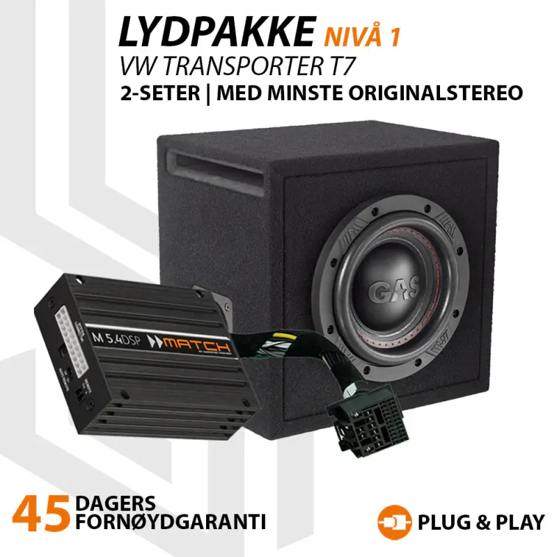 Match Lydoppgraderingspakke VW Transporter T7 Match DSP-forsterker og basskasse. Kan benyttes i både 2- og 3-seters utgave.