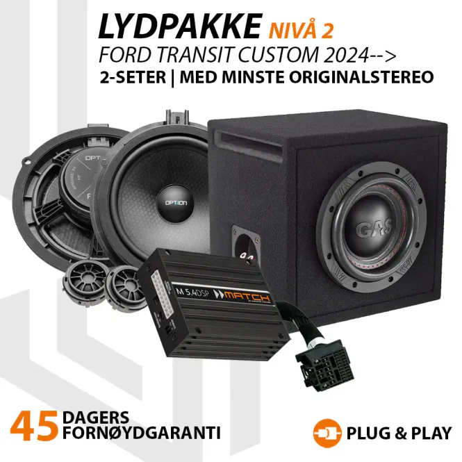 Hovedbilde Match Lydoppgraderingspakke Ford Transit Custom 2024--> Match DSP-forsterker, basskasse og høyttalere. Kan benyttes ...
